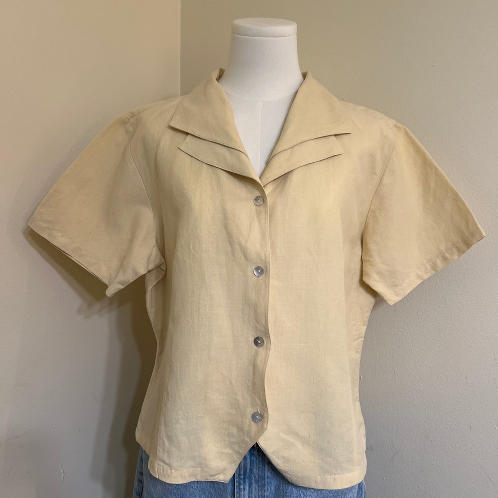 Dress Barn Silk Linen Blouse Vintage Cream Yellow Short Sleeve Button Up Large